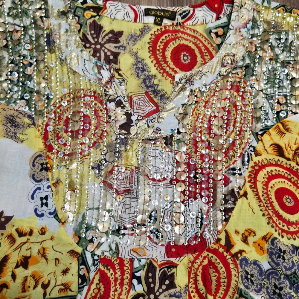 Globus Yellow Patchwork Sequin Embellished Tunic Top Kurti XL Boho V-Neck